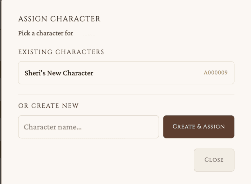 Assign Character modal showing existing characters list and Create & Assign option.
