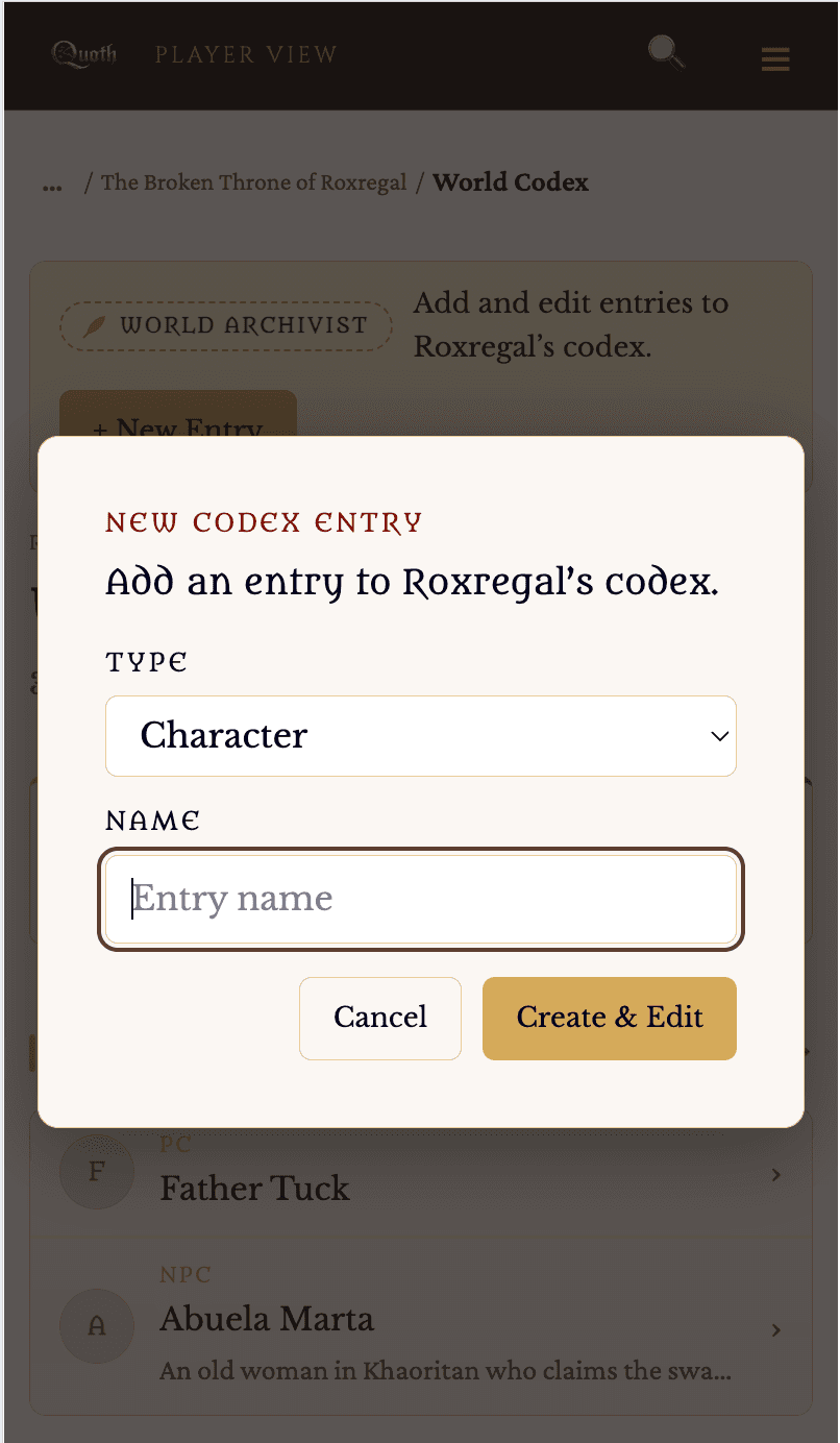 Creating a new codex entry from a phone as a World Archivist.