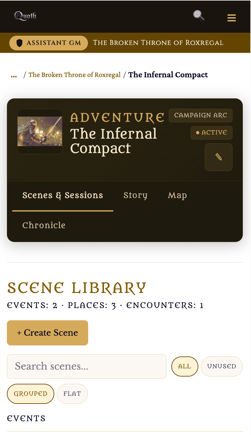 The Assistant GM badge on an adventure’s scene library, viewed on a phone.
