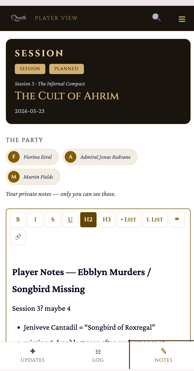 Player notes on a phone, mid-session.