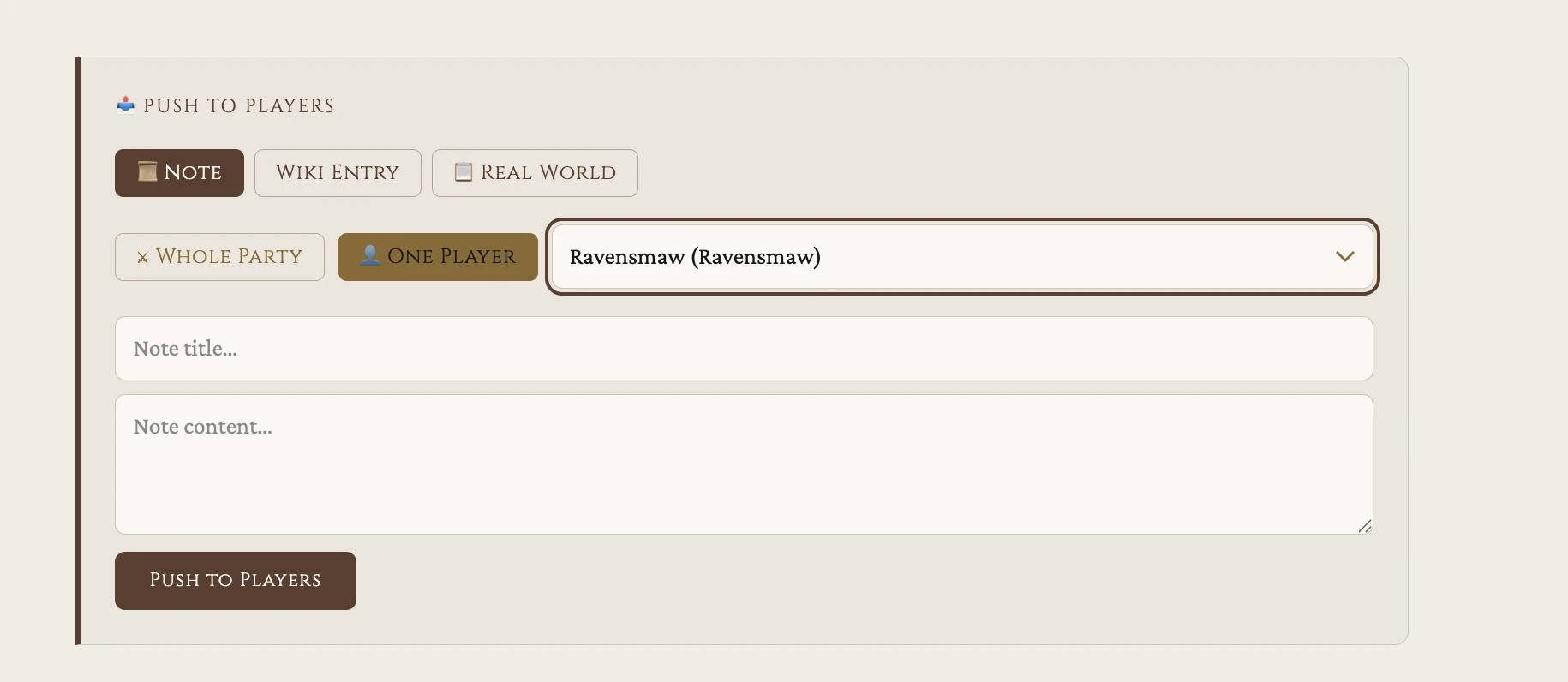 GM view: the push composer with the Note tab selected and the One Player target chosen.