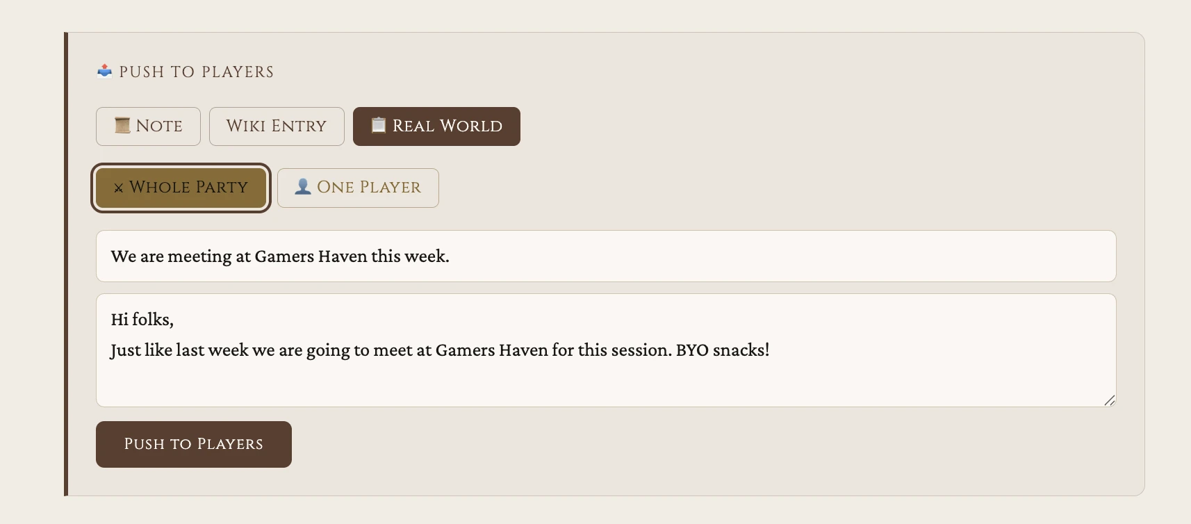 GM view: the push composer with the Real World tab selected and the title and body fields filled in.