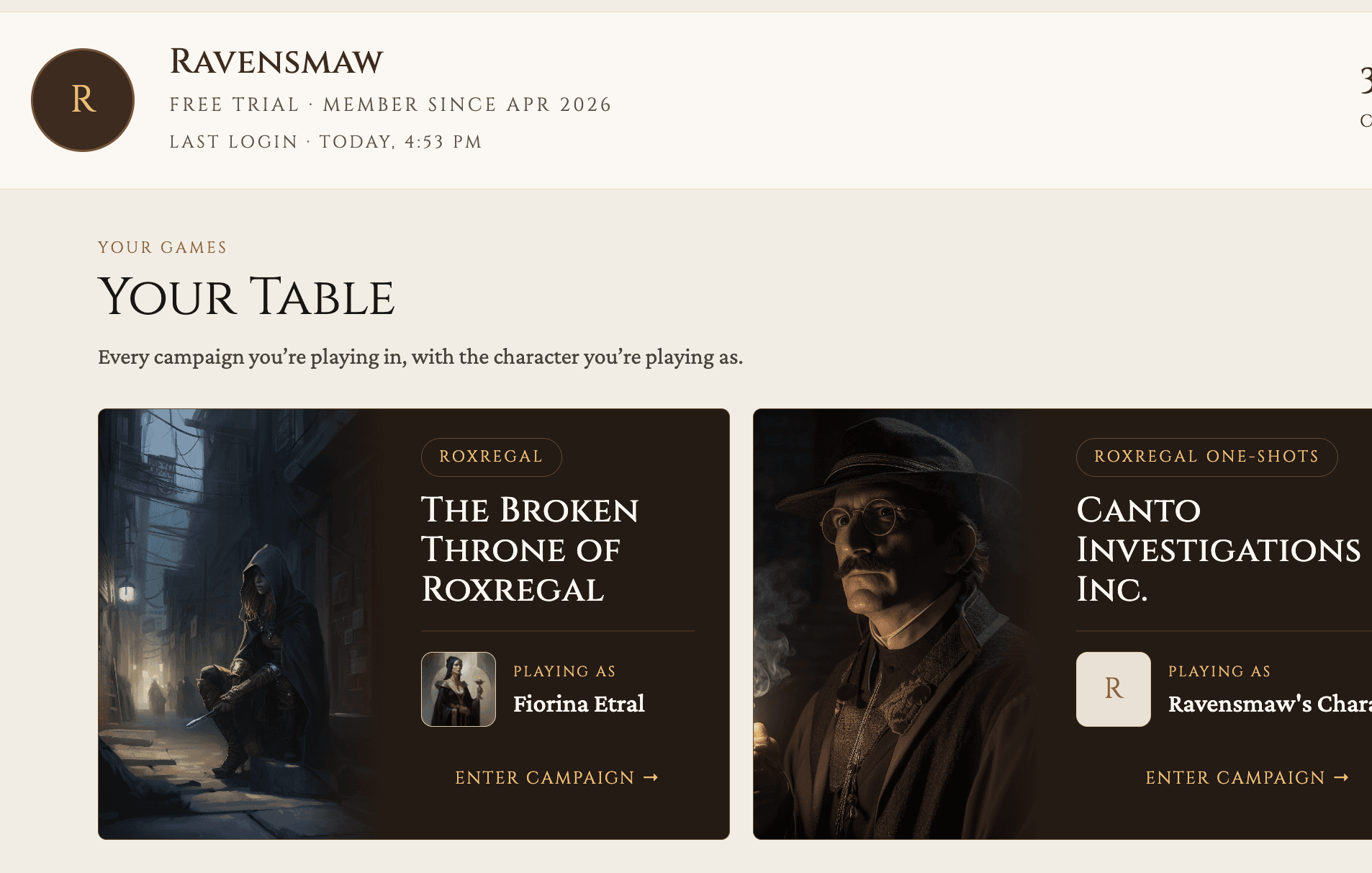 Player Your Table page — card grid of every campaign the player is in.