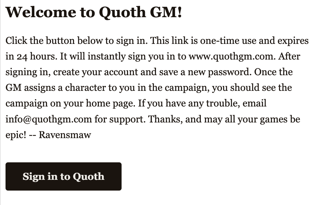 The Welcome to QuothGM email — a single Sign in to QuothGM button on a parchment-colored card.