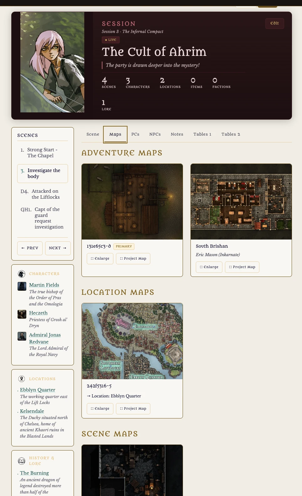 A maps gallery showing adventure, location and scene maps as thumbnails that can be enlarged or projected.